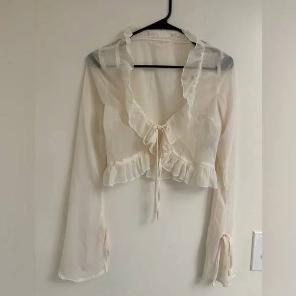 Sheer Chiffon Tie Front Ruffle Top cream XS fairy Coquette Bell Sleeve tie front - Picture 1 of 7